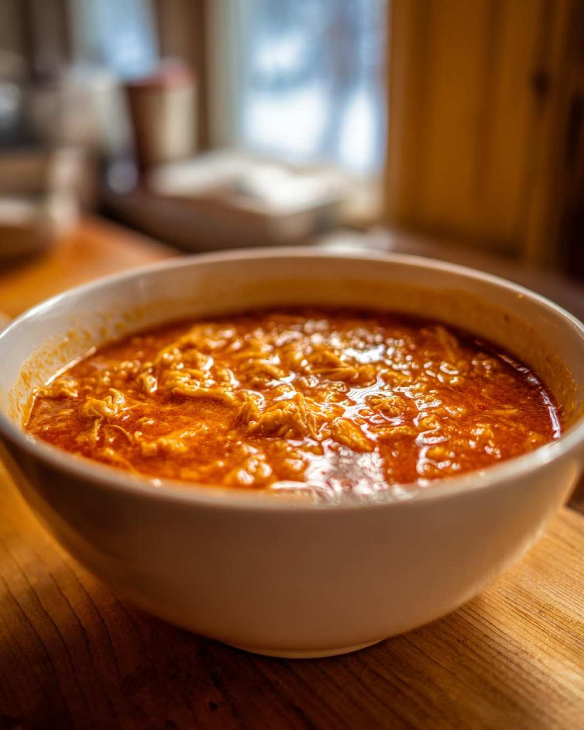 Close-up of a white bowl filled with rich, red broth and shredded chicken for chicken pozole.