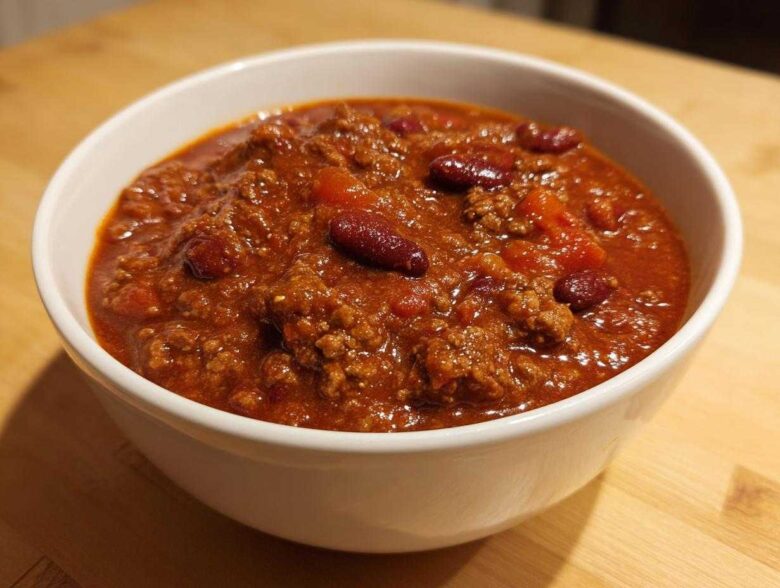Close-up of a hearty bowl of rich, red crockpot chili featuring ground meat and kidney beans.