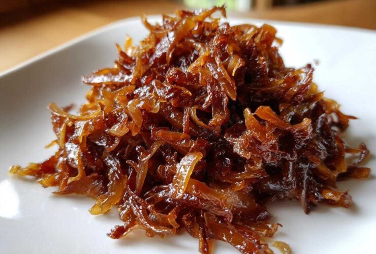 A close-up of a mound of deeply browned, glossy caramelized onions served on a white plate.