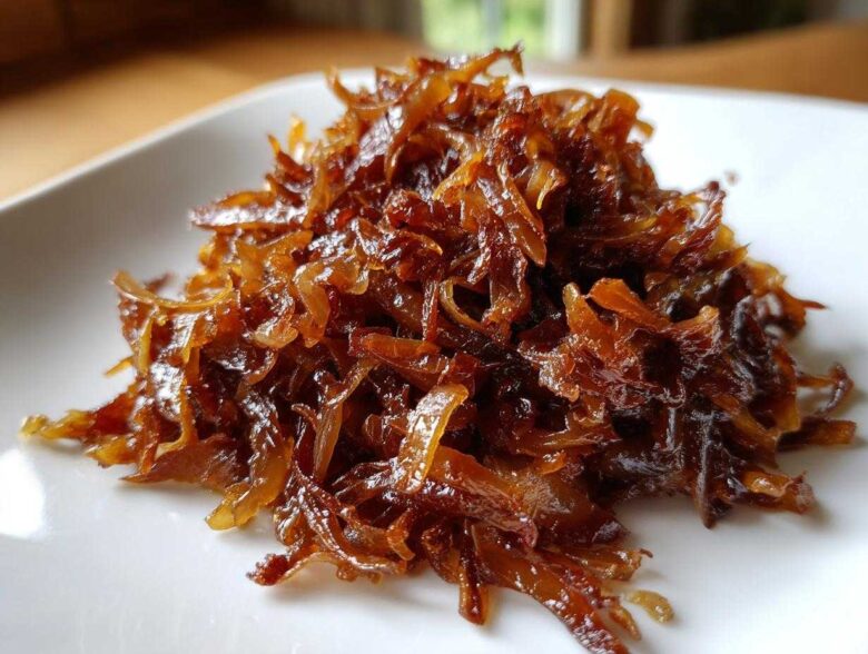 A close-up of a mound of deeply browned, glossy caramelized onions served on a white plate.