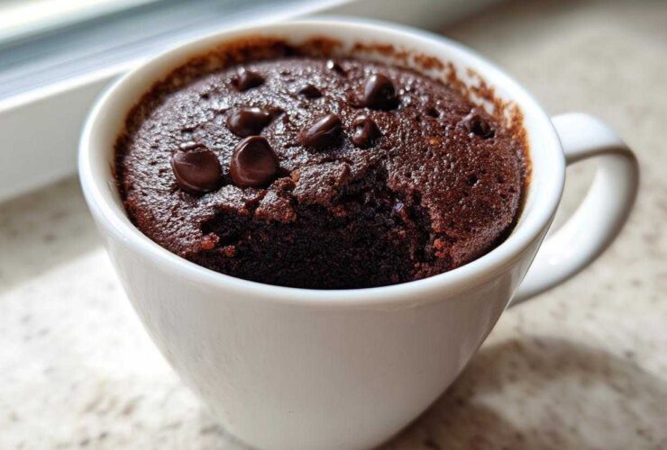 Close-up of a freshly baked, rich chocolate mug cake topped with chocolate chips.