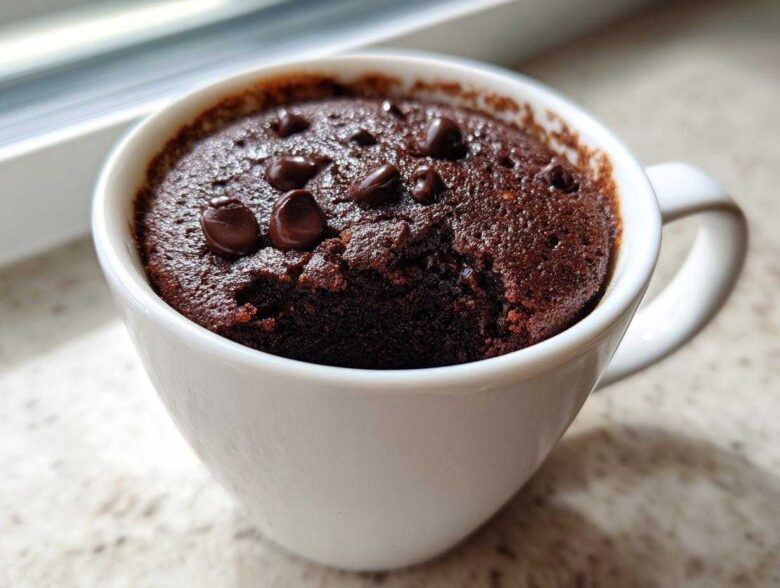 Close-up of a freshly baked, rich chocolate mug cake topped with chocolate chips.