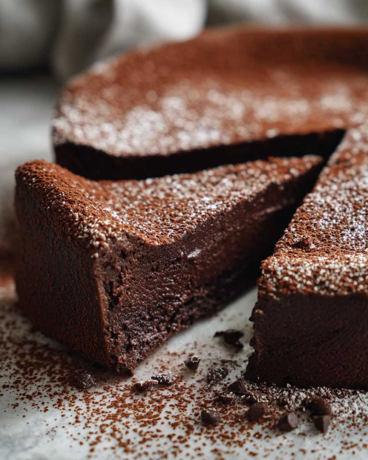 A close-up of a rich, dense slice of flourless chocolate torte, dusted with cocoa powder and powdered sugar.