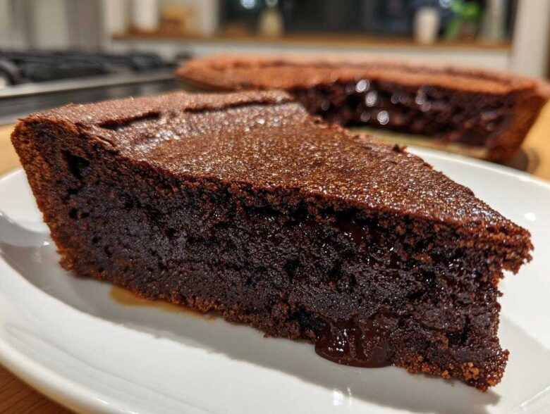 A close-up slice of rich, dark chocolate hot fudge pie showing a gooey center.