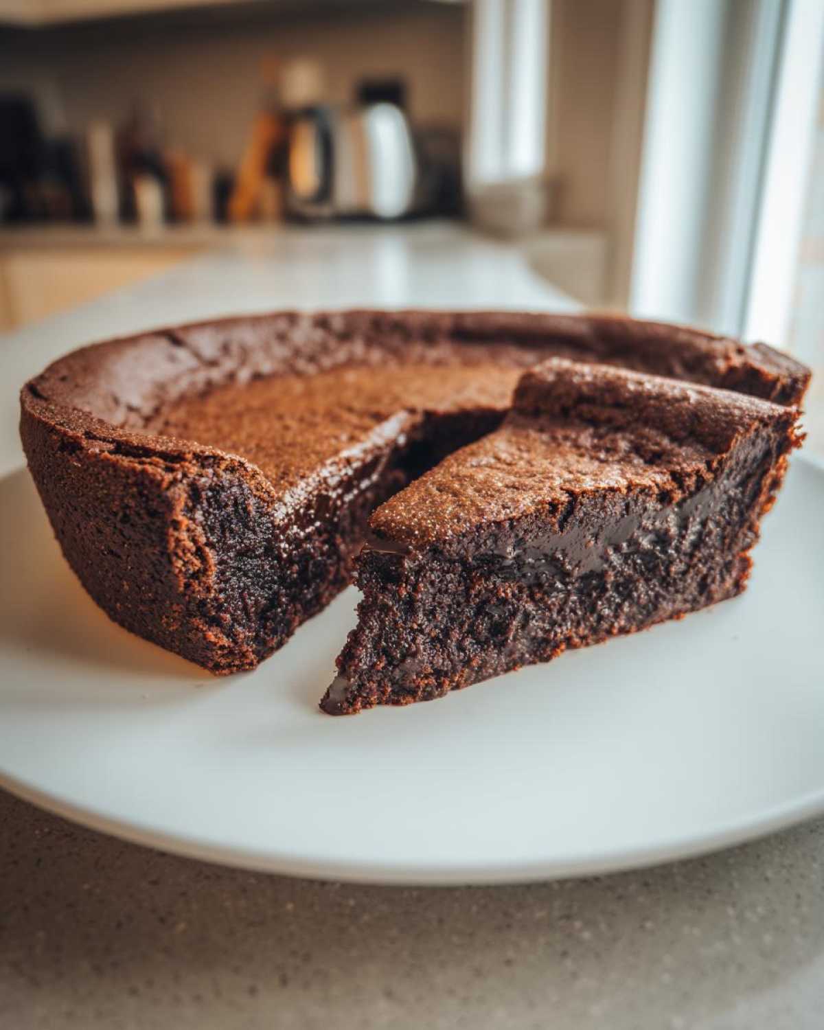 A slice cut from a rich, dark chocolate hot fudge pie, showing a gooey center, served on a white plate.