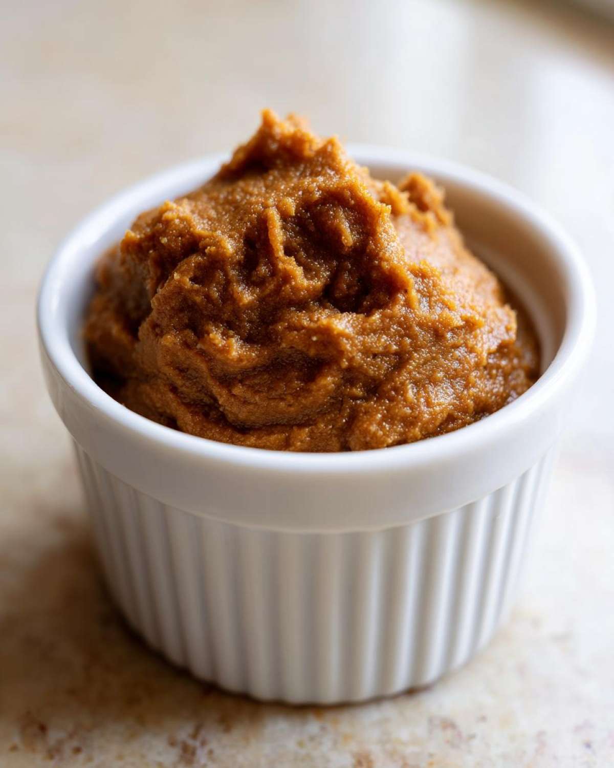 Close-up of thick, rich brown pear butter mounded in a small white fluted ramekin.