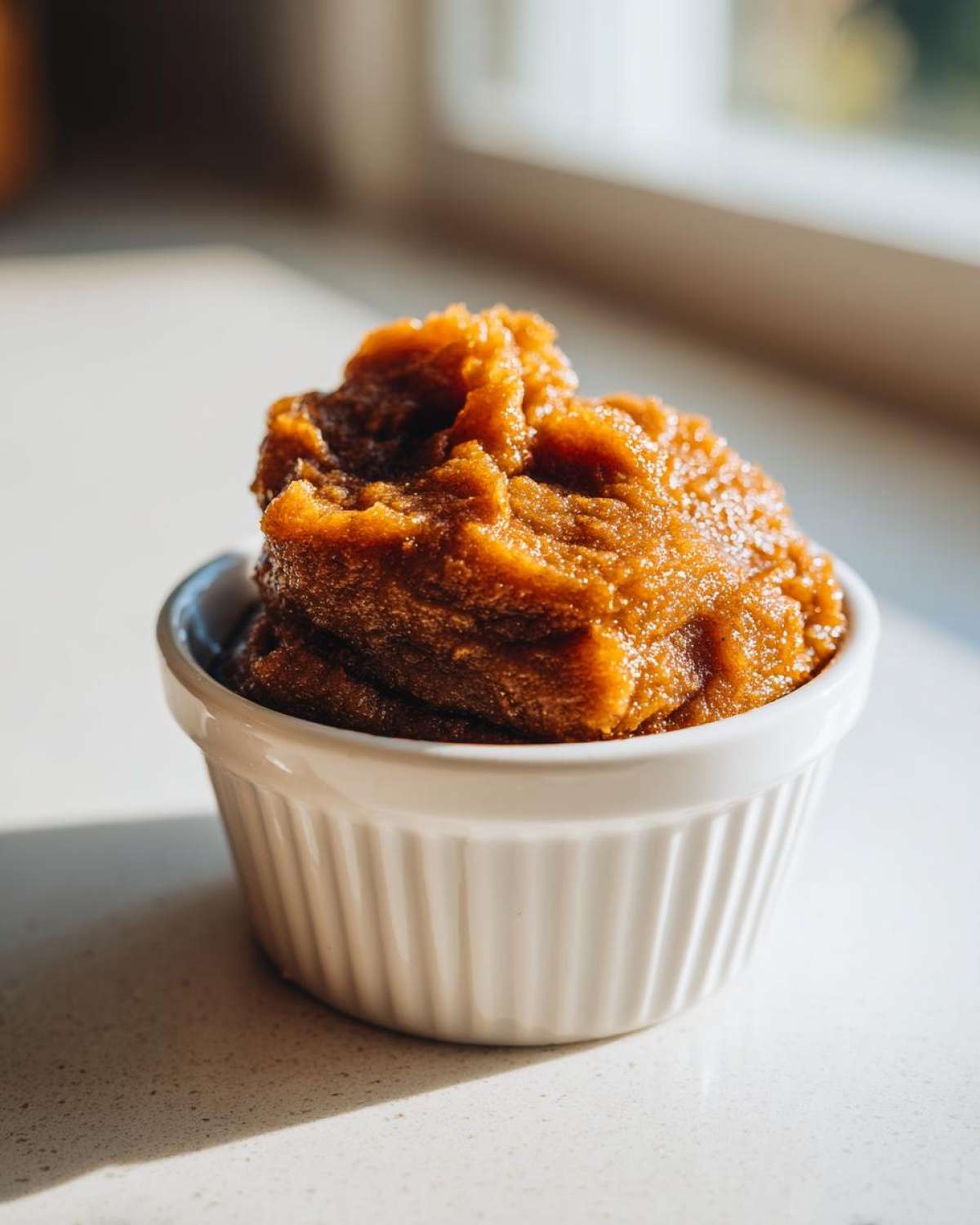 A close-up of thick, rich, amber-colored pear butter mounded high in a small white fluted ramekin.