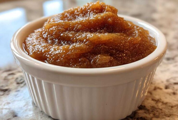 A close-up of thick, rich brown pear butter served in a small white fluted ramekin.