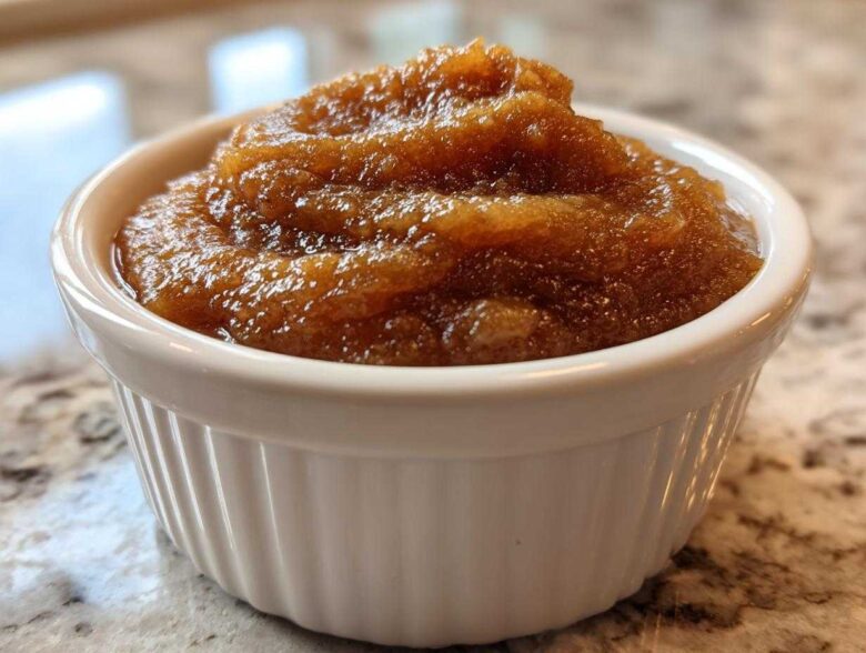 A close-up of thick, rich brown pear butter served in a small white fluted ramekin.