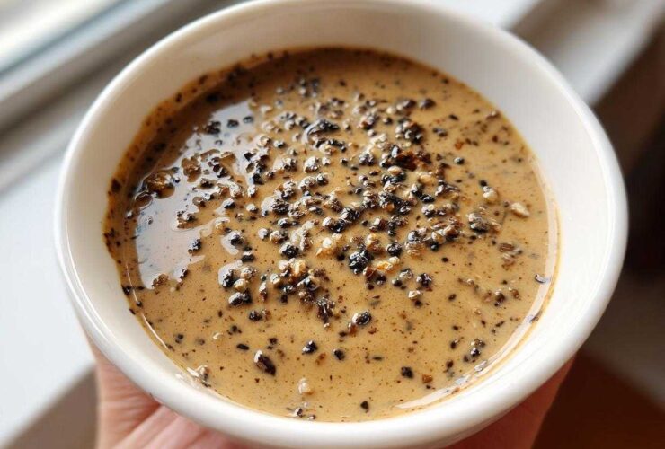 Close-up of a creamy, tan peppercorn sauce topped generously with cracked black peppercorns.