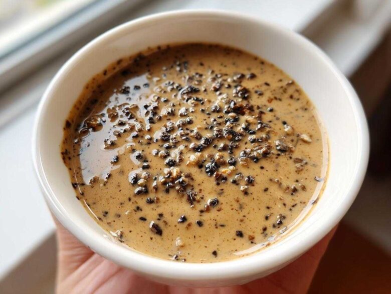 Close-up of a creamy, tan peppercorn sauce topped generously with cracked black peppercorns.