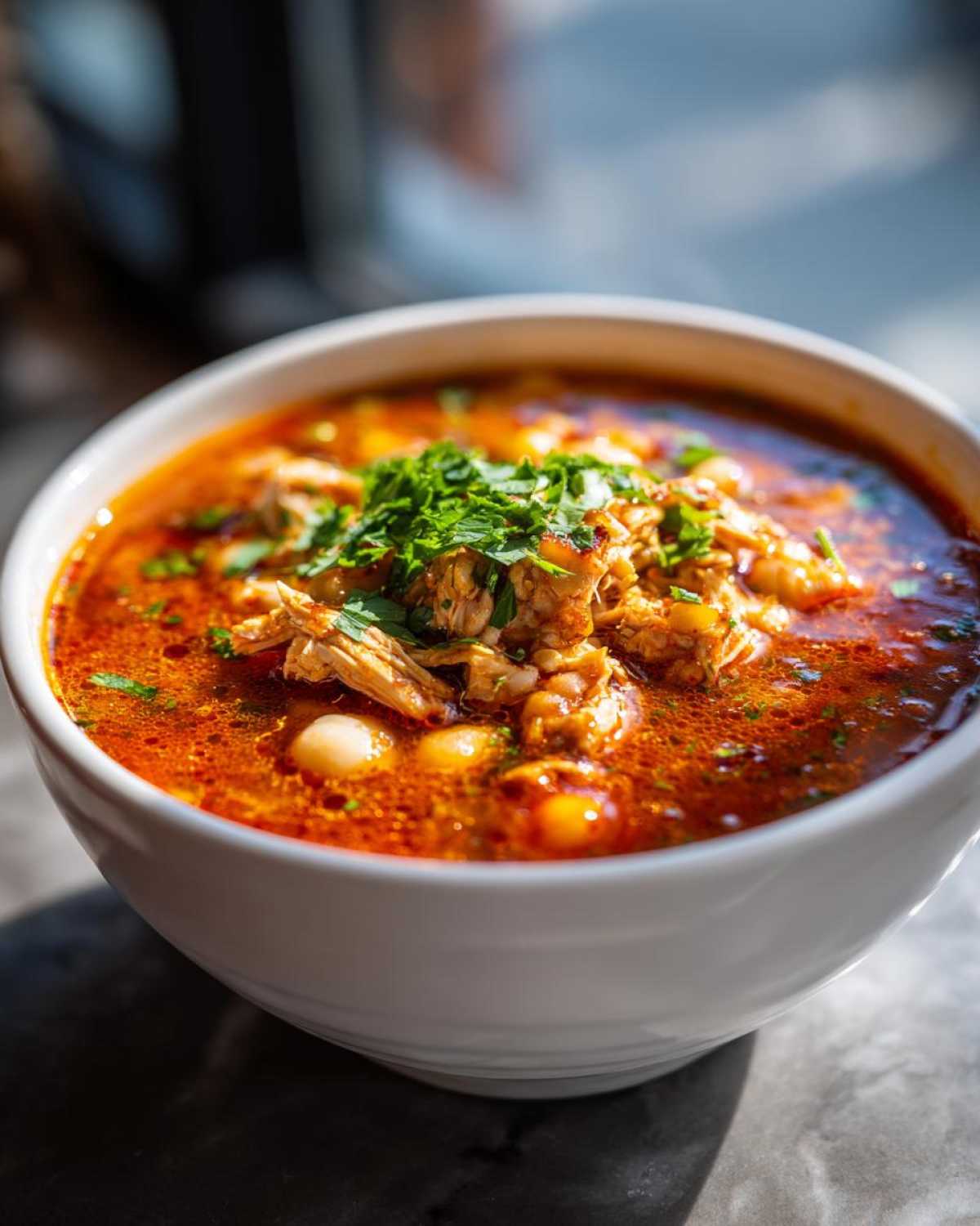 A close-up of a steaming bowl of rich, red chicken pozole, featuring shredded chicken and hominy, topped with fresh cilantro.