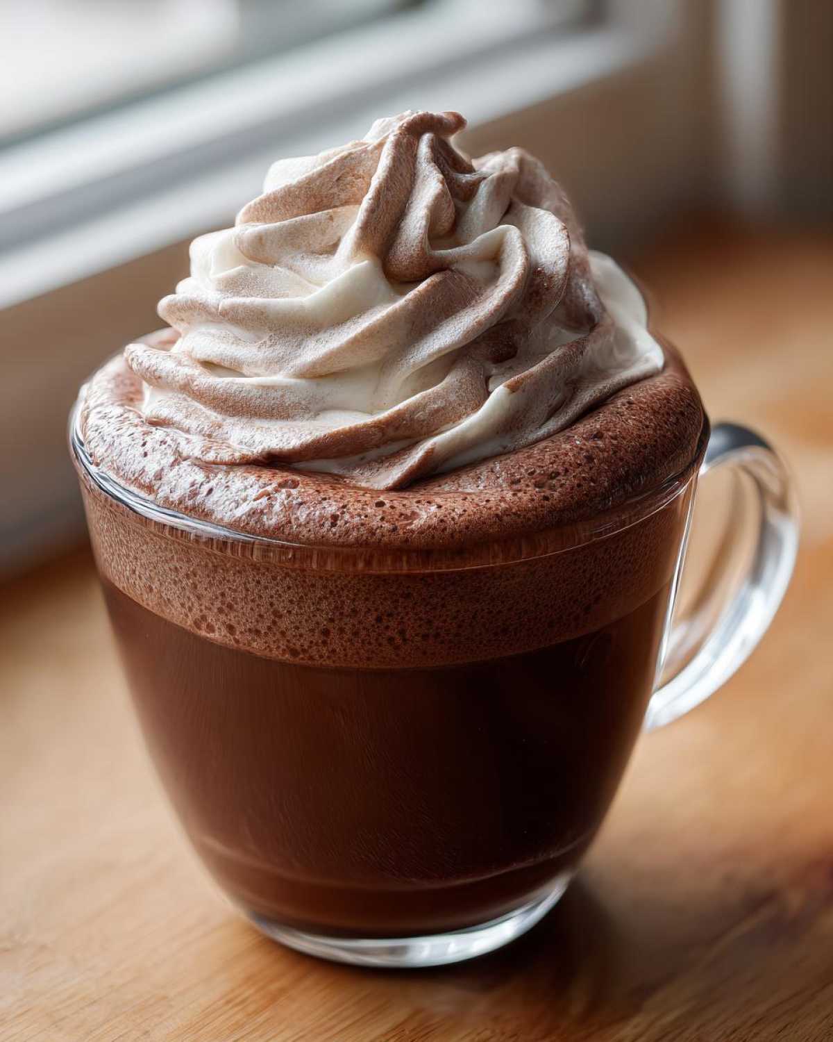 A close-up of rich whipped hot chocolate topped with swirled chocolate whipped cream in a clear glass mug.