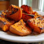 Close-up of caramelized, glazed roasted sweet potatoes chunks seasoned with herbs on a white plate.