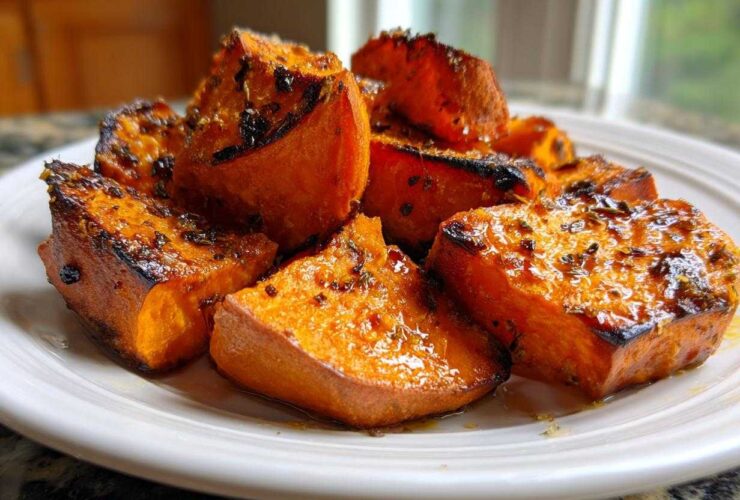 Close-up of caramelized, glazed roasted sweet potatoes chunks seasoned with herbs on a white plate.