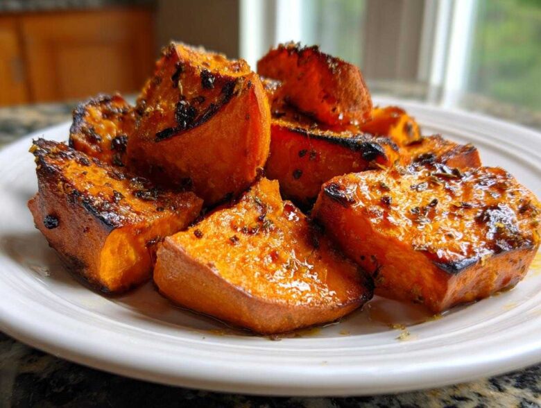 Close-up of caramelized, glazed roasted sweet potatoes chunks seasoned with herbs on a white plate.