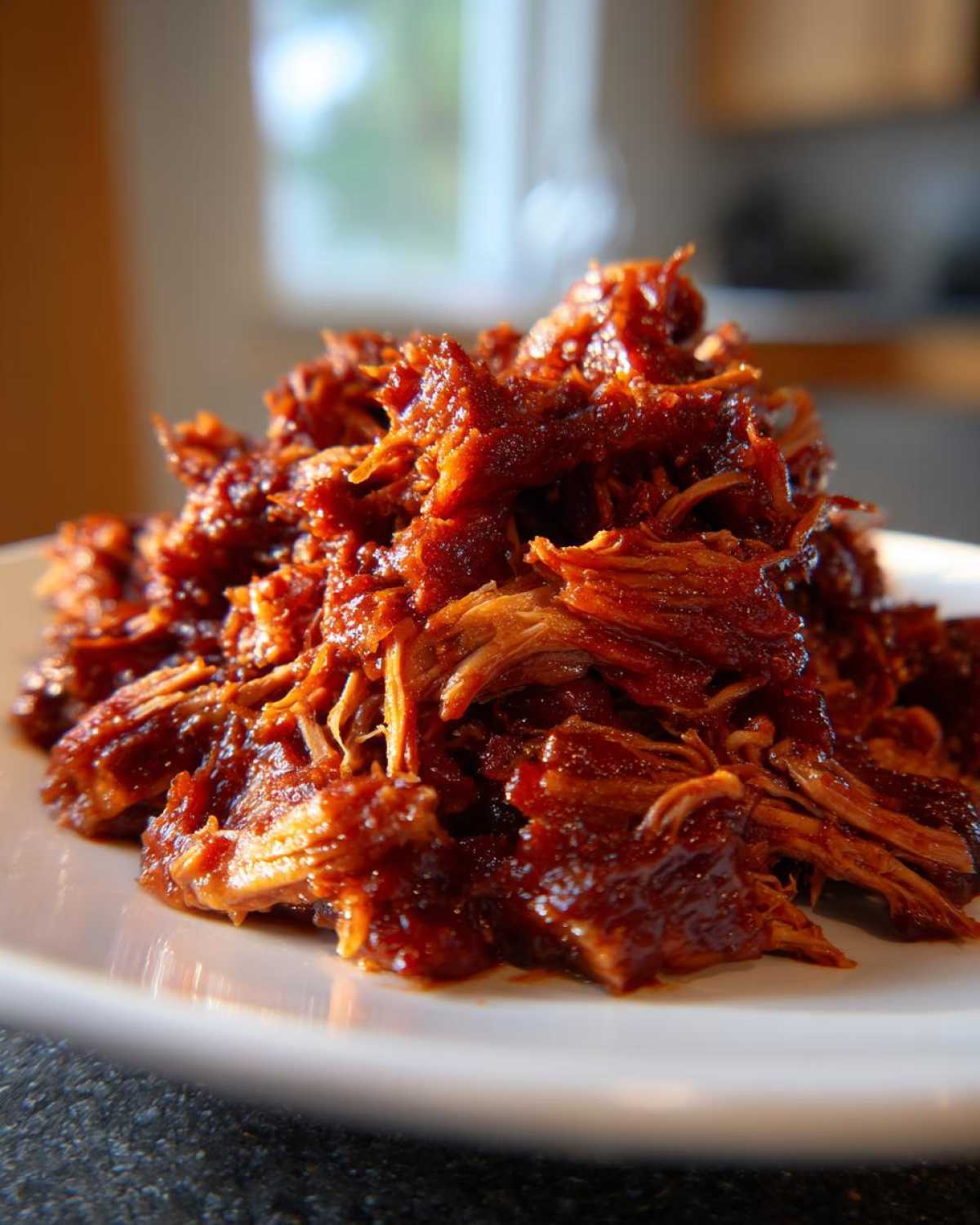 A close-up of a heaping pile of saucy, shredded Slow Cooker Pulled Pork on a white plate.