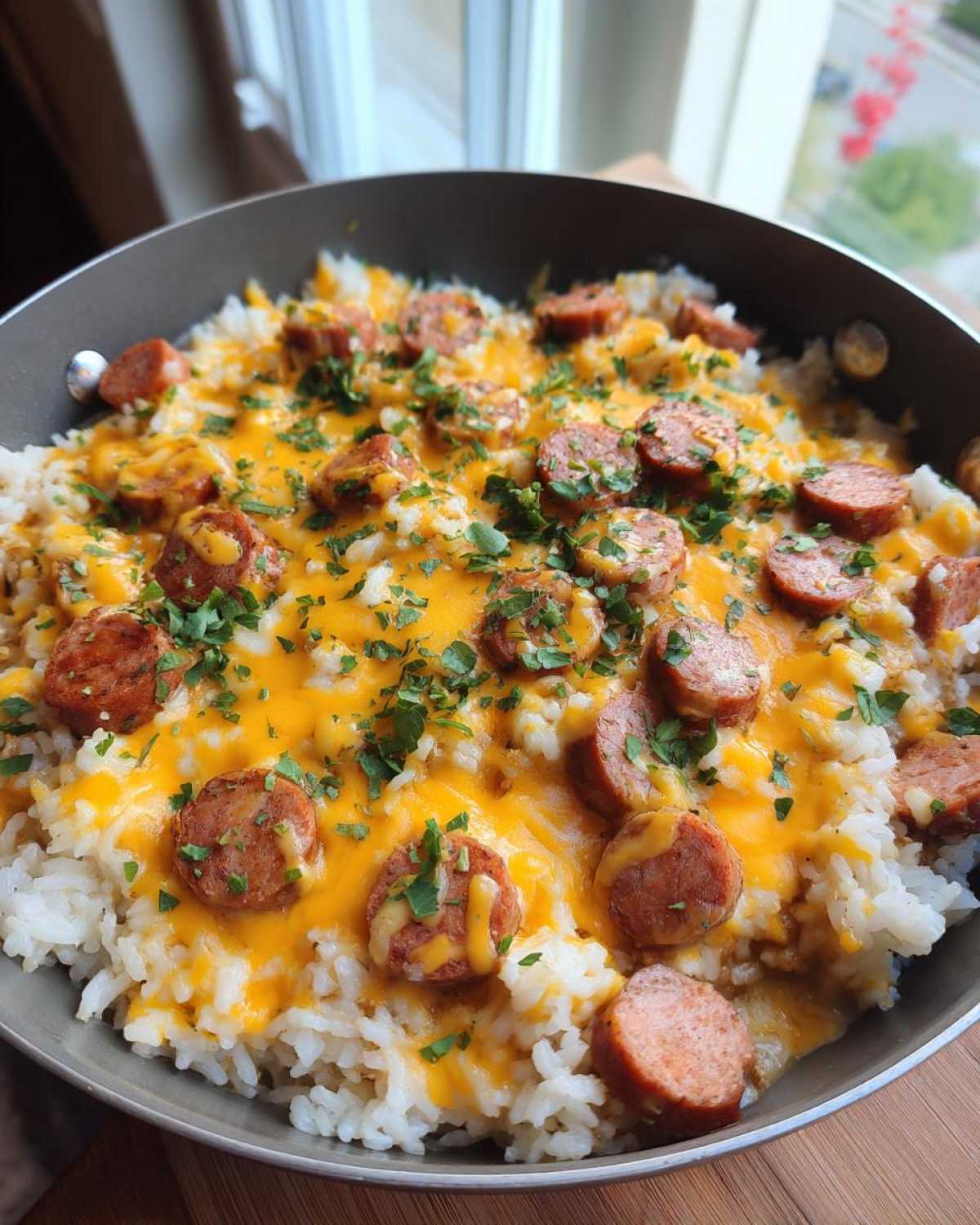 Close-up of cheesy sausage and rice cooked together in a skillet, topped with fresh parsley.