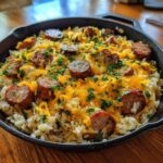 Close-up of a skillet dish featuring sausage and rice topped with melted cheddar cheese and fresh parsley.
