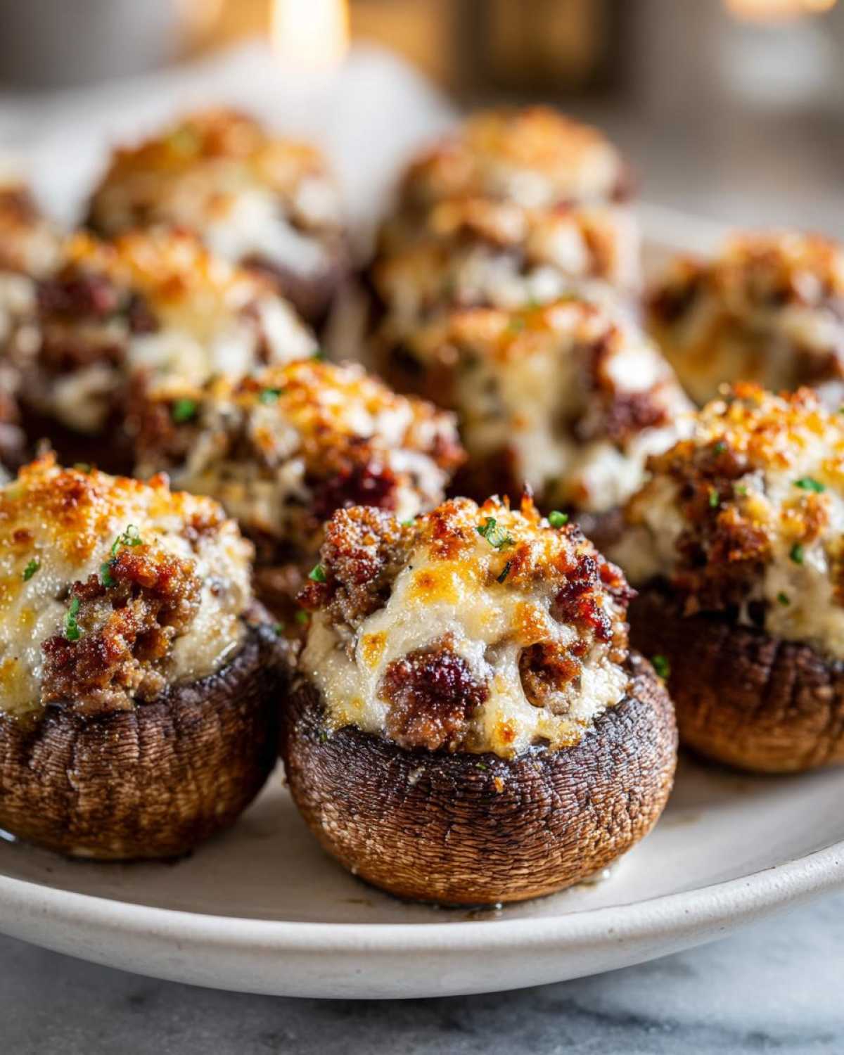 Close-up of baked sausage stuffed mushrooms topped with melted, browned cheese and fresh herbs.