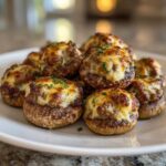 A pile of baked sausage stuffed mushrooms topped with melted, browned cheese and fresh parsley.