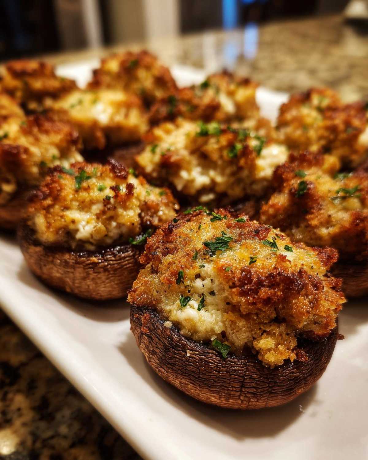 Close-up of freshly baked, golden-brown Sausage stuffed mushrooms garnished with parsley on a white serving dish.