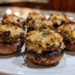 Close-up of baked Sausage stuffed mushrooms with a golden, cheesy topping on a white platter.