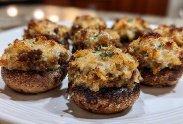 Close-up of baked Sausage stuffed mushrooms with a golden, cheesy topping on a white platter.