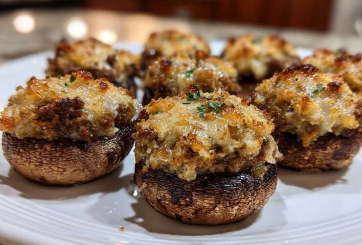 Close-up of baked Sausage stuffed mushrooms with a golden, cheesy topping on a white platter.