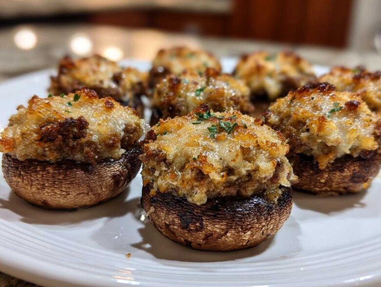 Close-up of baked Sausage stuffed mushrooms with a golden, cheesy topping on a white platter.