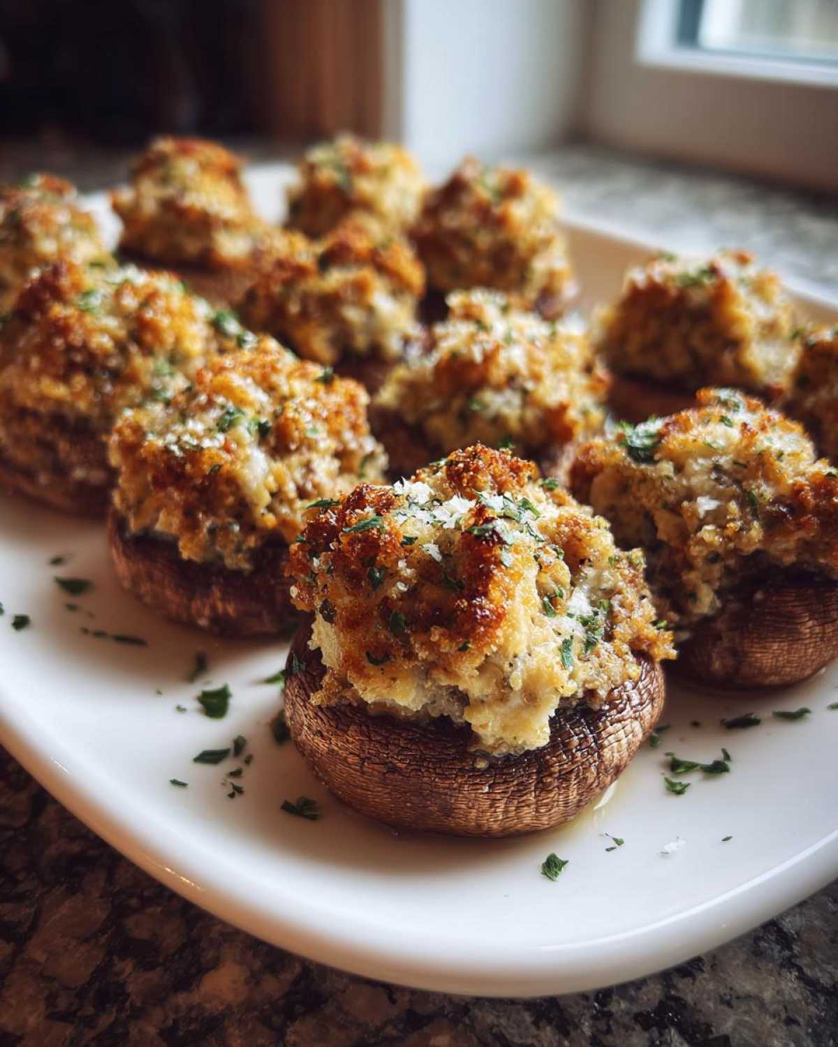 Close-up of baked Sausage Stuffed Mushrooms with golden breadcrumb topping and parsley garnish.