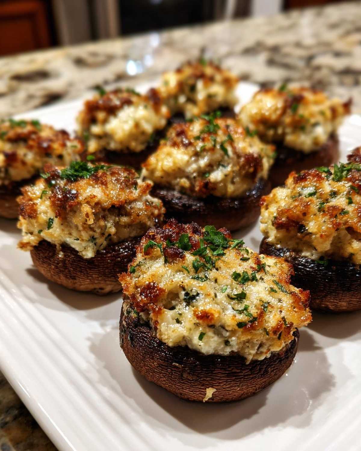 Close-up of several baked Sausage stuffed mushrooms topped with browned cheese and fresh parsley.
