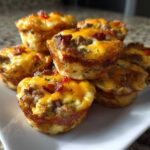 A close-up stack of savory Egg Muffin Cups topped with melted cheddar cheese and bacon bits.