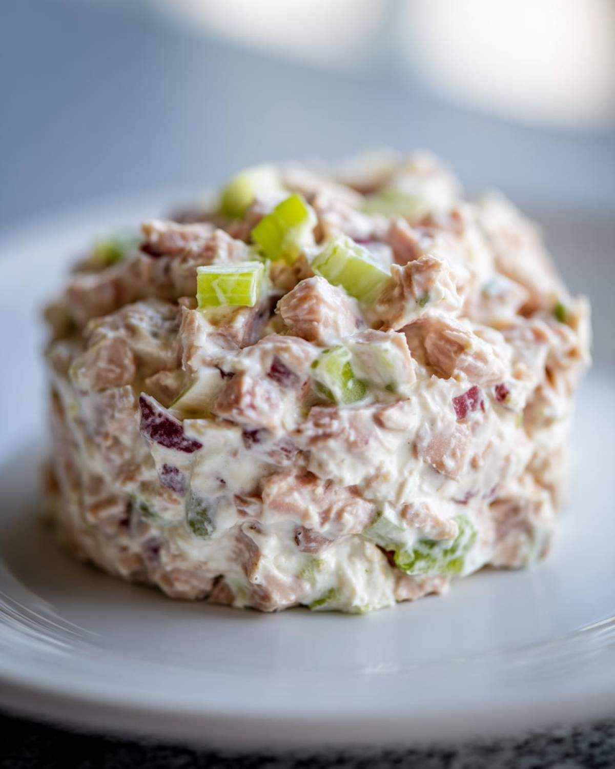 A close-up, molded serving of creamy ham salad recipe with visible chunks of ham and celery.