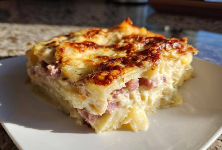 A square serving of creamy scalloped potatoes and ham, baked with a golden, bubbly cheese crust.