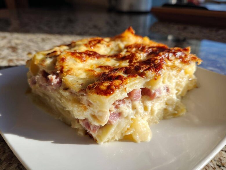 A square serving of creamy scalloped potatoes and ham, baked with a golden, bubbly cheese crust.