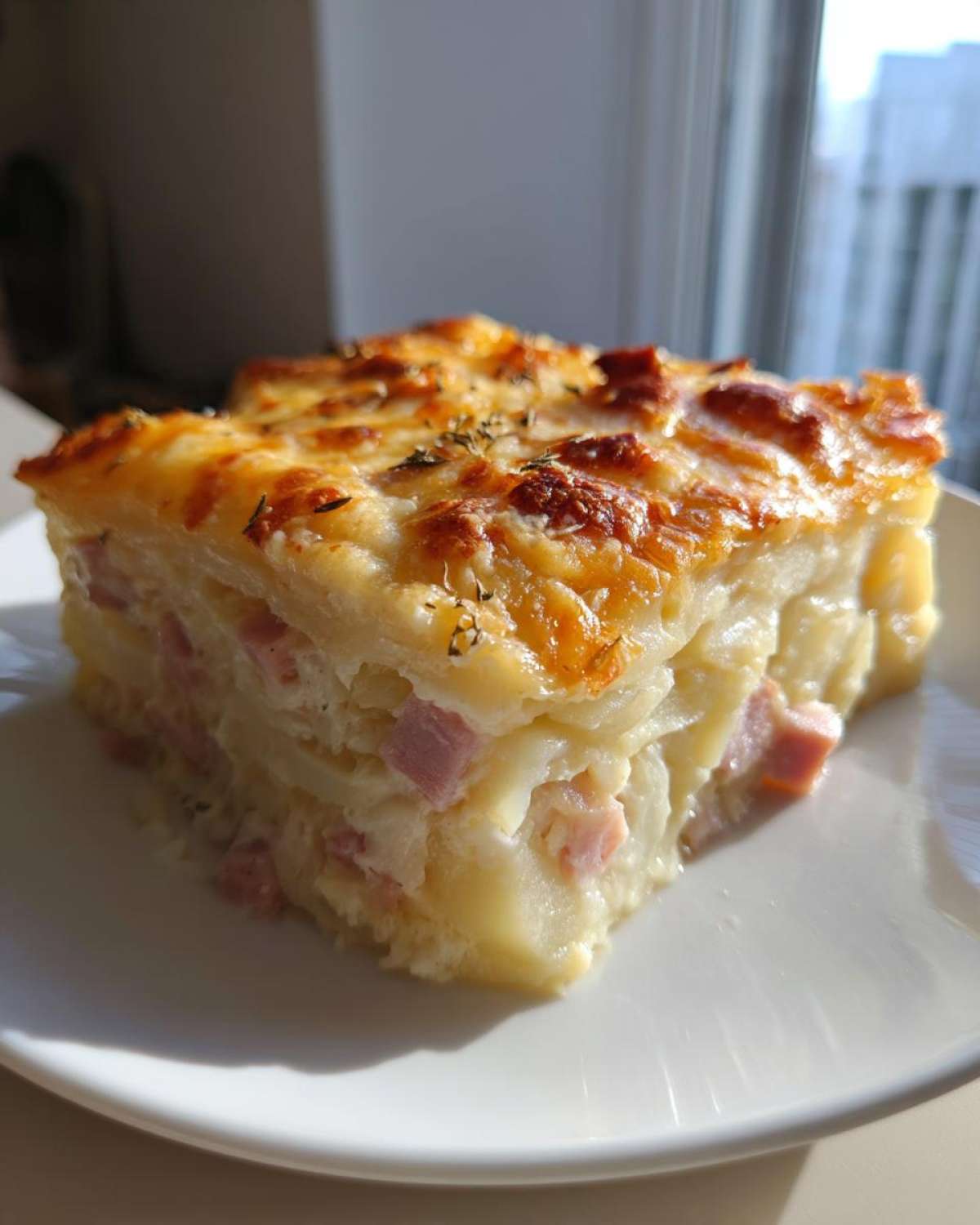 A thick, square slice of cheesy scalloped potatoes and ham with a golden brown top.