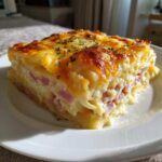 A thick, golden-brown slice of scalloped potatoes and ham layered with creamy sauce and cheese.
