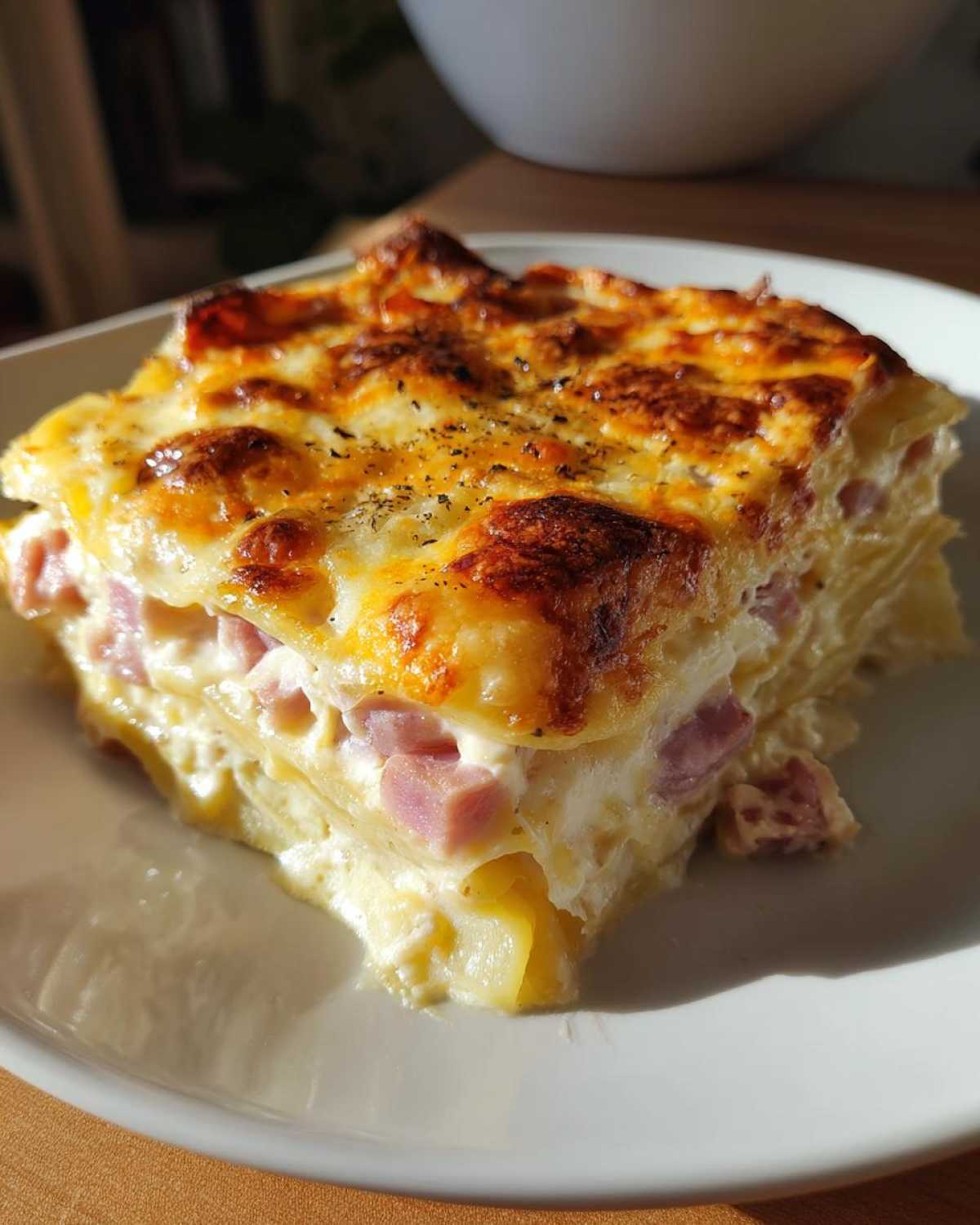 A hearty slice of scalloped potatoes and ham layered with creamy sauce and topped with browned, bubbly cheese.