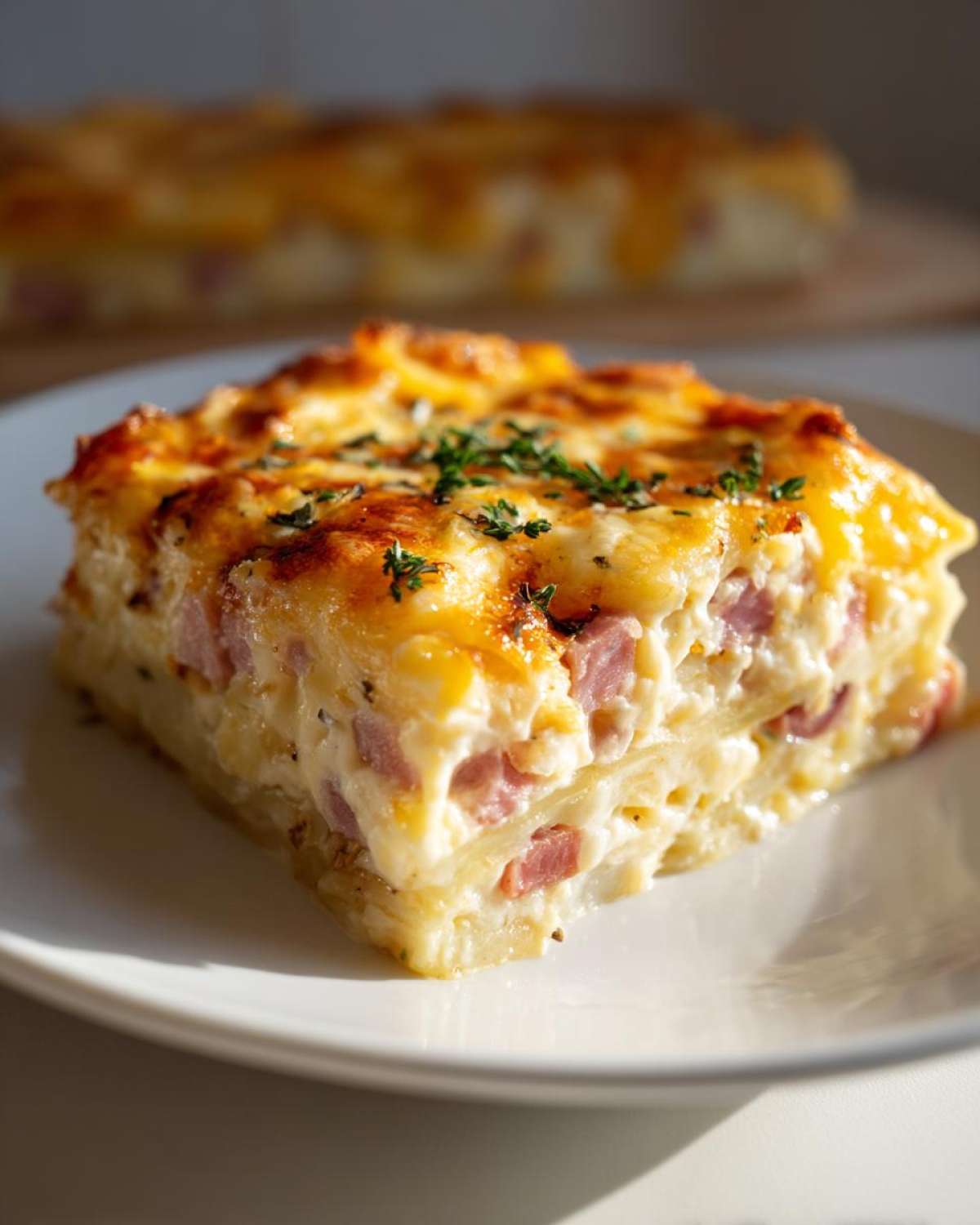A thick, cheesy slice of scalloped potatoes and ham with a golden-brown top, served on a white plate.