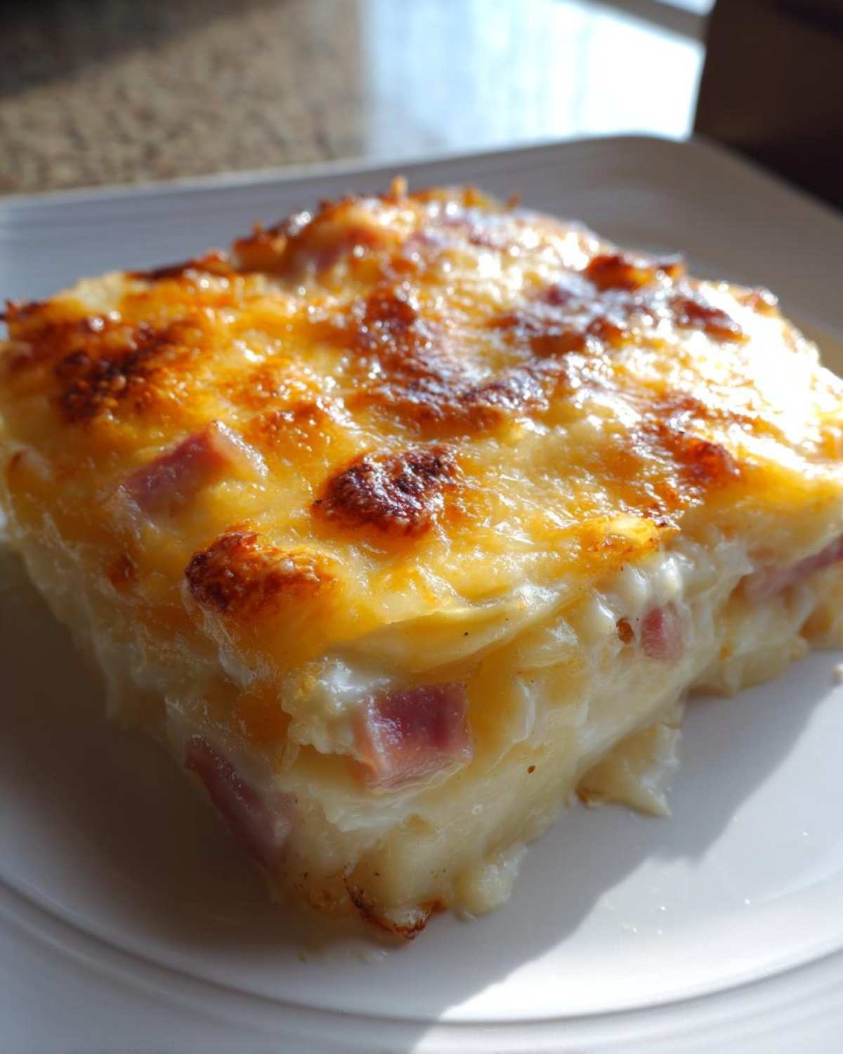 A square serving of creamy scalloped potatoes and ham topped with bubbly, browned cheese.
