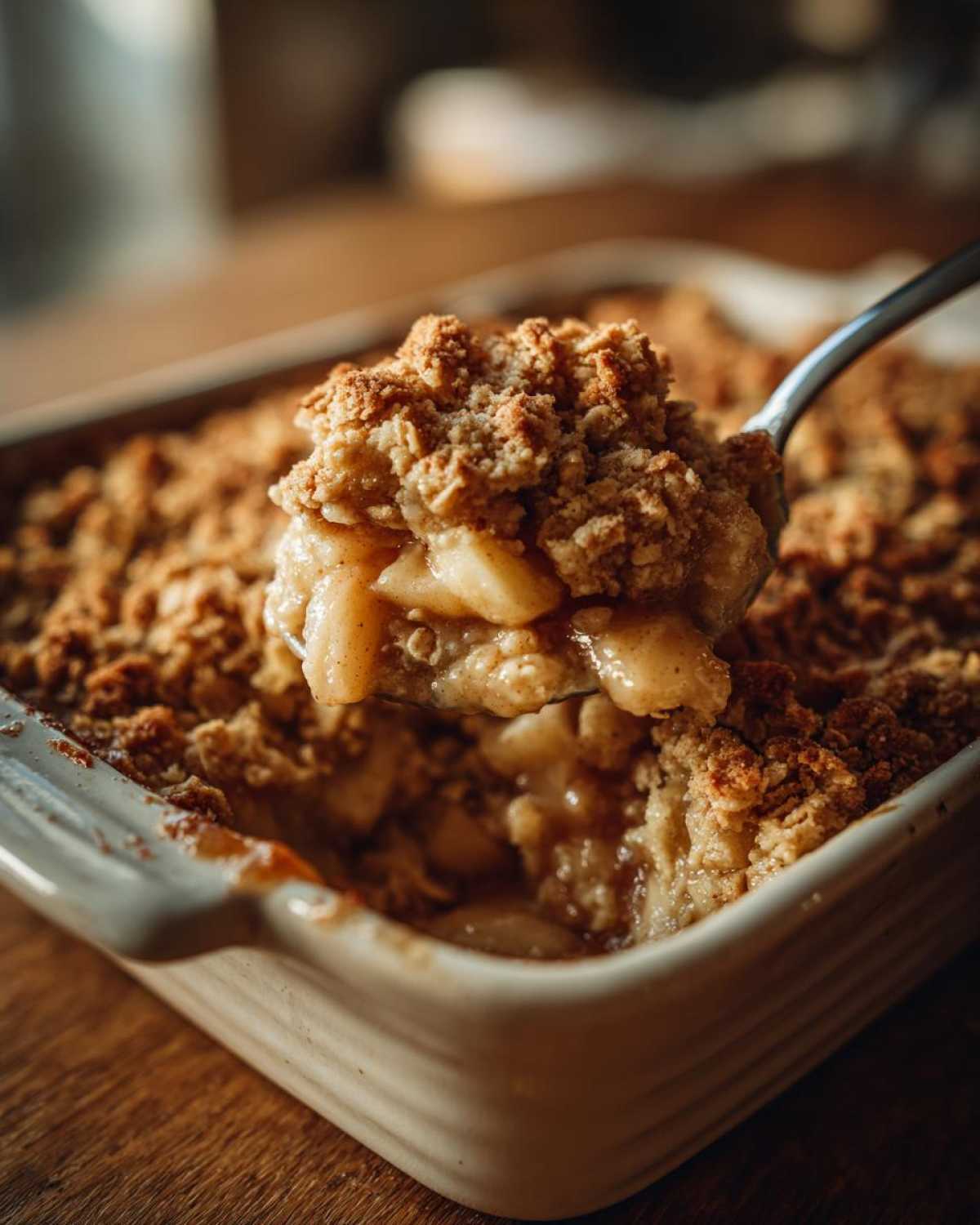 A spoonful of warm, gooey apple crisp recipe being lifted from a baking dish, showing tender apples and crunchy topping.