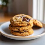 Three gooey chocolate chip cookies stacked on a plate, topped with flaky sea salt.