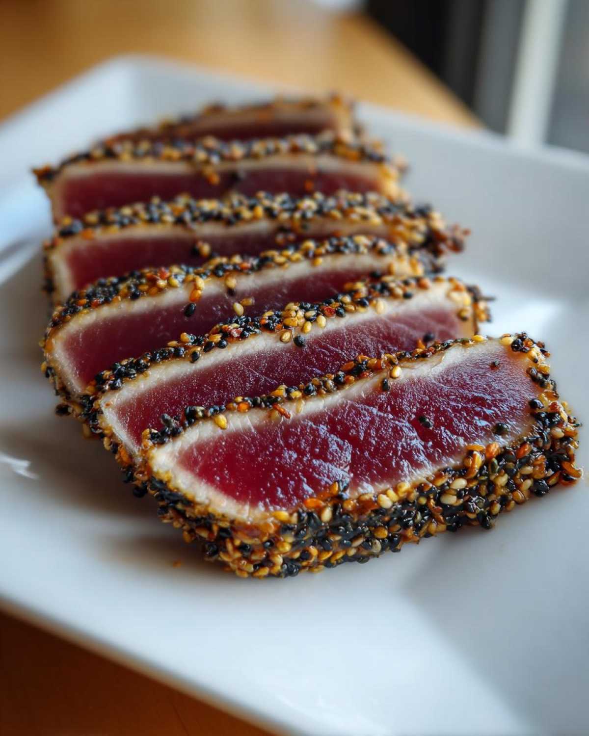 Close-up of perfectly seared ahi tuna slices coated in a black and white sesame seed crust, showing rare red center.