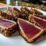 Close-up of perfectly seared ahi tuna slices, crusted with black and white sesame seeds, showing a rare center.