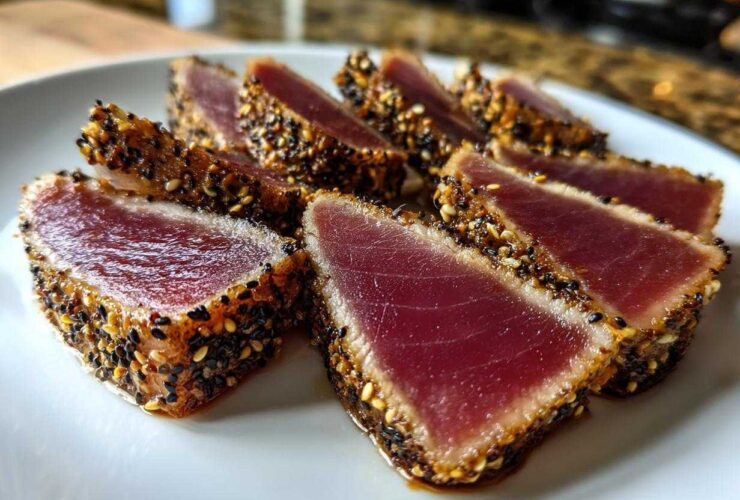 Close-up of perfectly seared ahi tuna slices, crusted with black and white sesame seeds, showing a rare center.