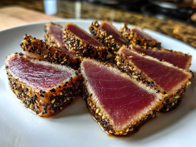 Close-up of perfectly seared ahi tuna slices, crusted with black and white sesame seeds, showing a rare center.