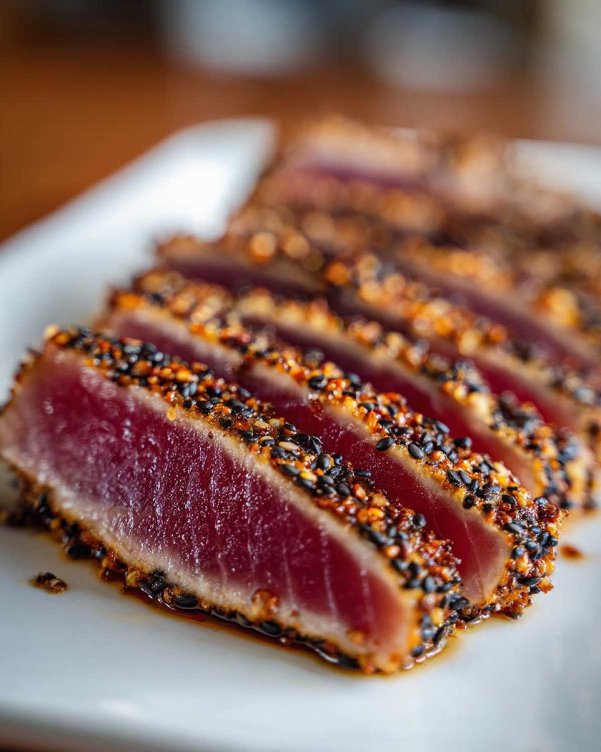Close-up of perfectly seared ahi tuna, sliced to show the rare center and sesame seed crust.