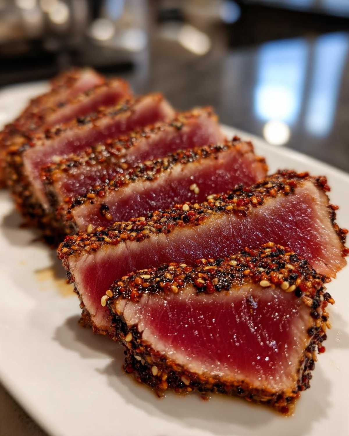 Slices of perfectly seared ahi tuna with a dark, speckled sesame seed crust, showing bright red raw center.