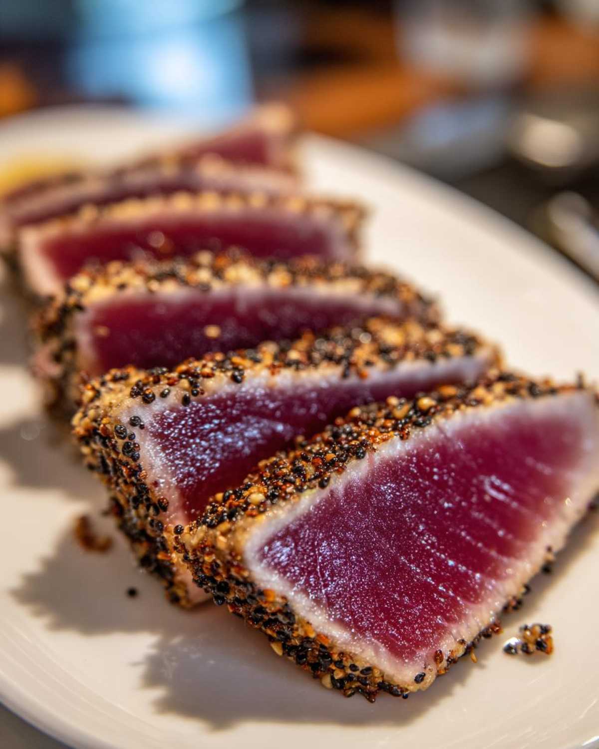 Close-up of perfectly cooked Seared Ahi Tuna slices, featuring a dark sesame seed crust and deep red interior.